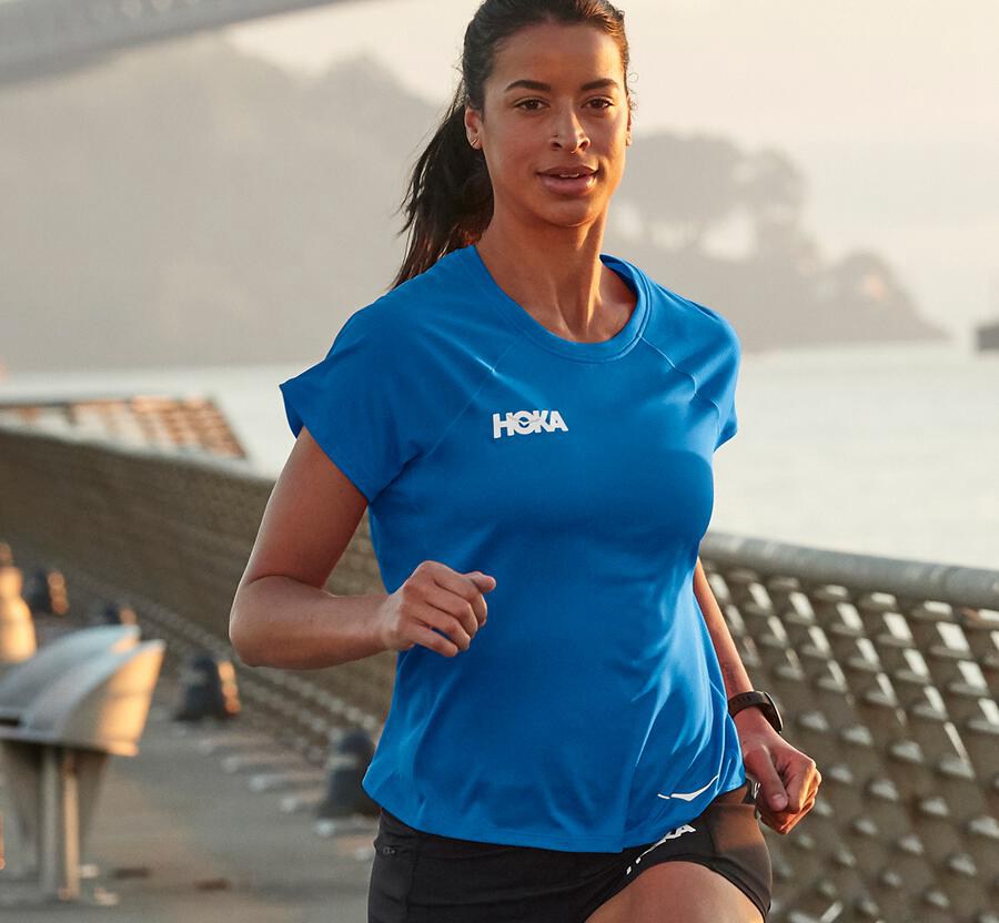 Top Hoka One One Mujer - Performance Short Sleeve - Azules - JIX625314